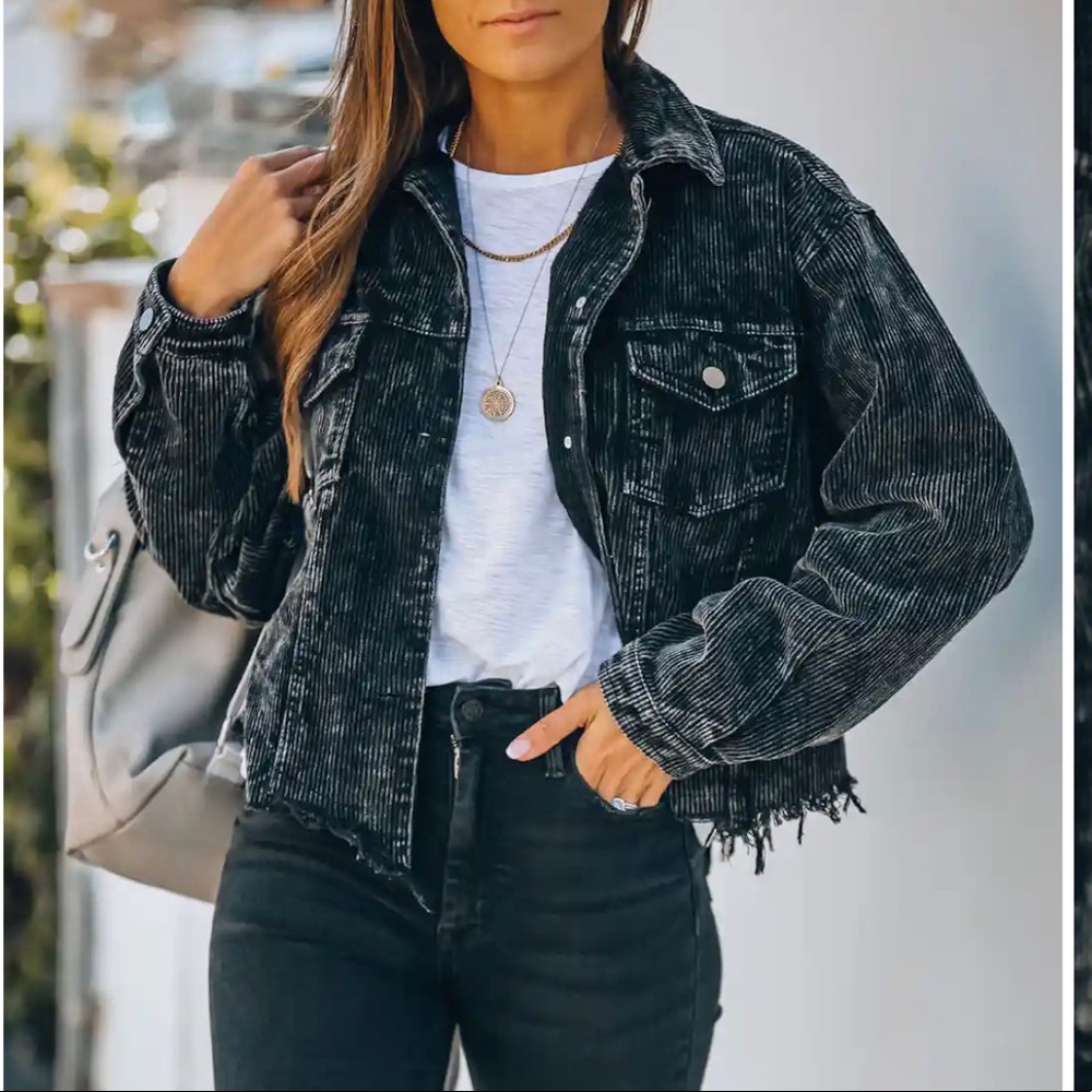 PADDINGTON DISTRESSED COTTON CORDUROY JACKET - BLACK
